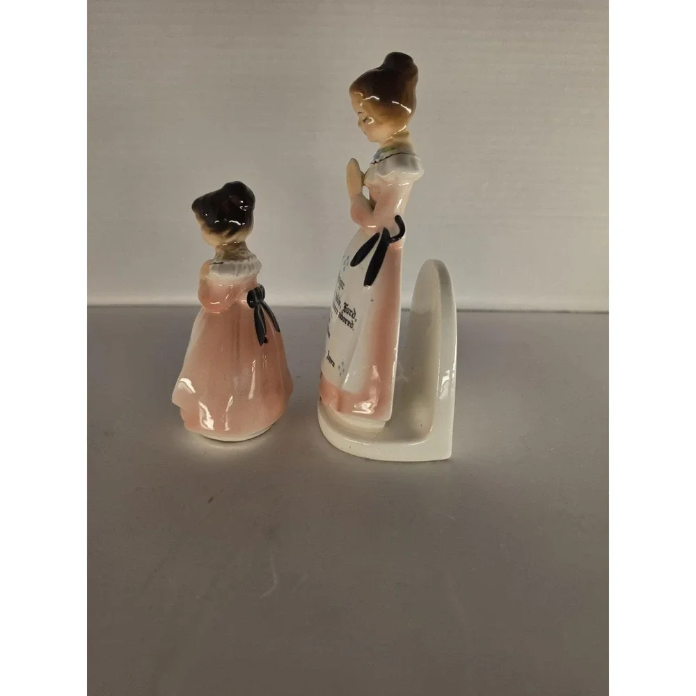 Vintage Enesco Mother in the Kitchen Prayer Lady Napkin Holder and Shaker Japan